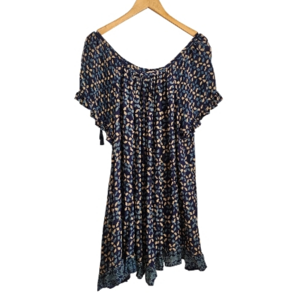 Natalie Martin Blue and Cream Patterned Flowy Silk Mini Dress One Size